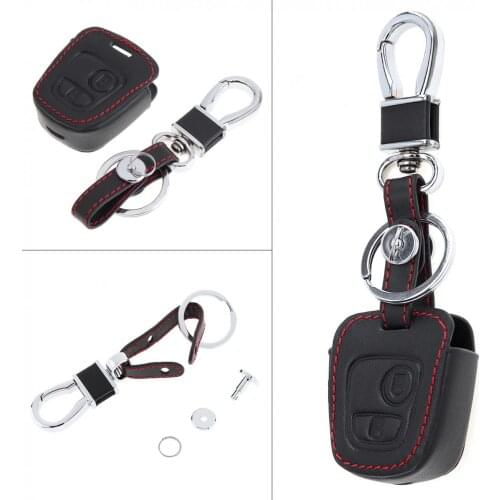 Leather Car Key Cover Protector with Hanging Buckle for Peugeot 206 207 307/Elysee/Citroen C1 C2 C3 C4 Xsara Picasso 2000-2009