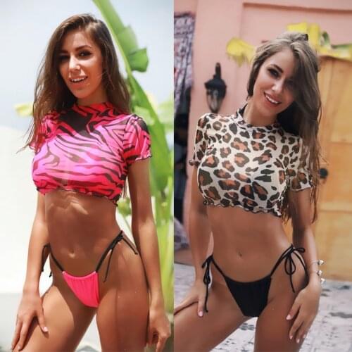 Swimsuit girls womens beachwear set biquini feminino sexy 3-piece swimsuit leopard bikini mesh thong ladies bandage bikinis 2020