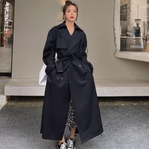 LANMREM 2021 Winter And Autumn New Korean Loose Black Coat Long-sleeved Lace Up Wasit Mid-length Windbreaker Jacket Woman 2W218