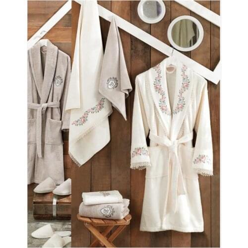 Lara Embroidered Bamboo Bathrobe Set Cream Stone