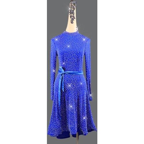Latin Dance Dress Women Competition Clothing Costumes Blue High-end Backless Sexy Flash Diamonds Full Of Stars Latin Dress