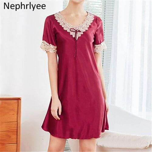 Summer Womens dress Sleepwear V-Neck Sexy Nightdress Casual Nightgown satin simulated silk Nightwear vestidos SLP001403