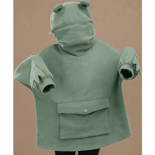 A Cute froggy design loose Sweatshirts woman Womens Stitching Three-Dimensional Pocket Hoodies solid color retro style Hoodies