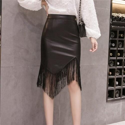 Fashion Womens Skirts 2021 Autumn Tassel High-waist Solid Patchwork Leather Skirts Girls Asymmetric Slimming Knee-length Skirt