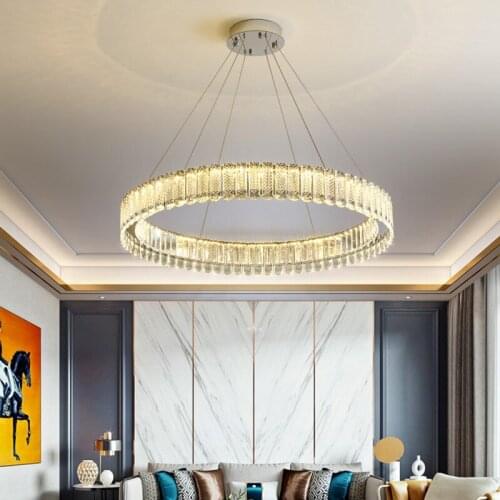 Modern Chrome Circle Ring Led Dimmable Lights Luxury K9 Crystal Pendant Light Living Room Hanging Lamp Suspend Lamp Fixtures