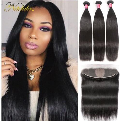 NADULA HAIR 13*4 Lace Closure Frontal Straight Hair Bundles With Frontal Brazilian Hair 3 Bundles with Closure 4x4 Silk Base