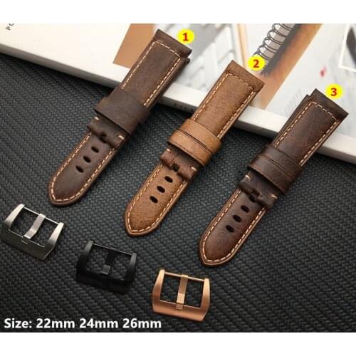 Top quality Retro 22mm 24mm 26mm Italian cow shiny oil Leather Watchband Handmade Mens Watch band For Panerai strap free tools