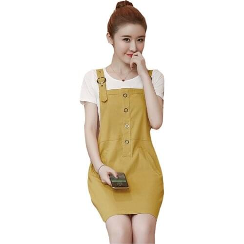 Two-Piece Short Sleeve Tops Strap Dress Women loose 2019 summer New Korean Slim Mini A-Line dress fashion casual Sets female