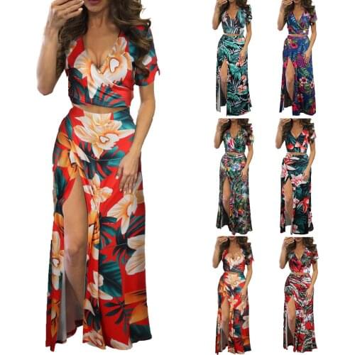 Summer Casaul Skirt Outfits Women Elegant Sexy Lace-up Tops And Split Long Dress Suits Fashion Floral Print Two Piece Sets#f3