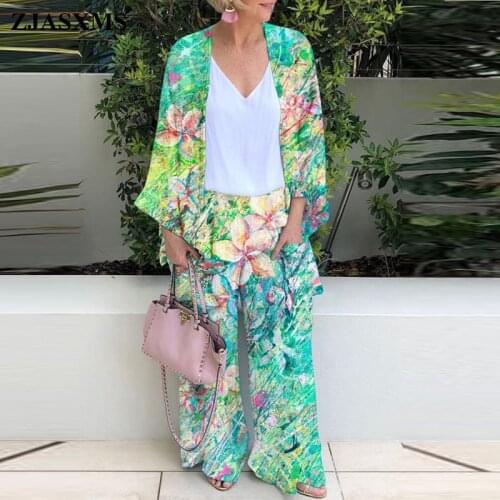 Women Casual Floral Print Holiday Clothes Sexy Loose Cardigan Top and Wide Leg Pants Suit 2021 Spring Autumn Boho Two Piece Set