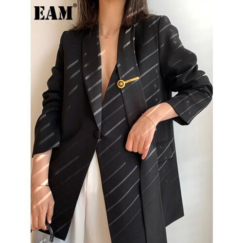 [EAM] Women Black Vintage Irregular Blazer New Notched Collar Long Sleeve Loose Fit Jacket Fashion Spring Autumn 2021 1DD5534