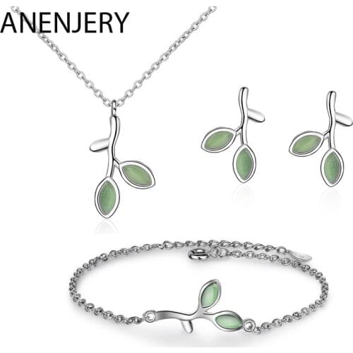 ANENJERY 925 Sterling Silver Jewelry Sets Opal Leaf Bud Necklace+Earrings+Bracelet For Women Girl Jewelry Gift