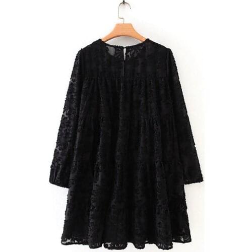 Women high street texture pattern black casual loose mini Dress autumn ladies lantern sleeve vestidos chic ruffle Dresses DS2950