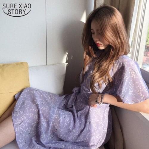 2021 Summer Dress for Women Flare Short Sleeve Women Print Dresses Vestidos Chiffon Party Dresses Female Dress with Purple 8946