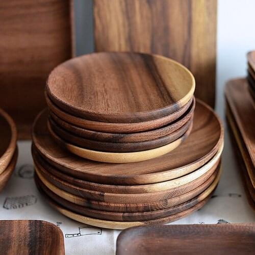 2Pcs Wooden Plates Natural Acacia Wood Dish Plates Cake Dessert Serving Plate Round Square Dinner Plate Set Wooden Tableware Set