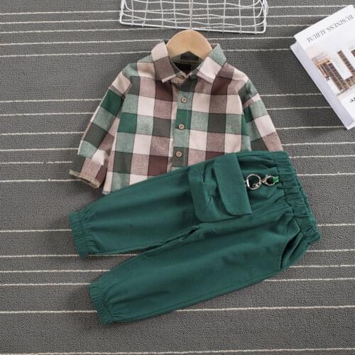 2021 Autumn Spring Baby Boy Fashion Formal Clothing Kid Suits Set Plaid Shirt Pants 2pcs Children Clothes Sets 1 2 3 4 5 Years