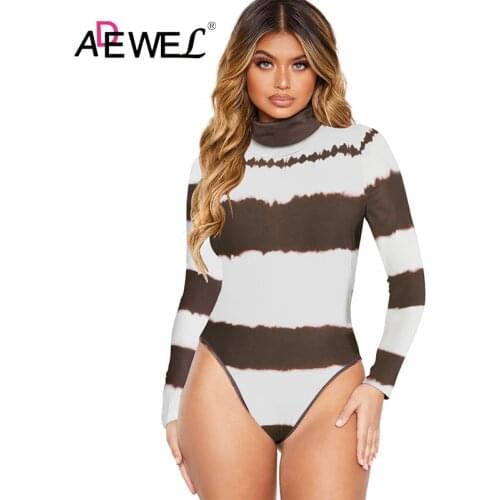 ADEWEL Sexy Color Block Tie Dye High Neck Bodysuit Striped Long Sleeves Ropa Body Mujer Combinaison Pantalon Femme Bodysuits L