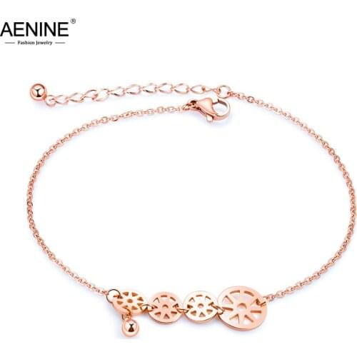 AENINE Bohemia Rose Gold Love Geometric Bell Beach Anklet For Women Titanium Steel Foot Link Chain Anklet Female Jewelry AA19002