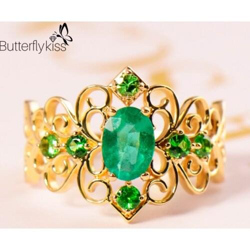 BK 18K Yellow Gold Rings For Women Natural Emerald Gemstone 4.14g Genuine Gold 585 Engagement Anniversary Luxury Jewelry Gifts