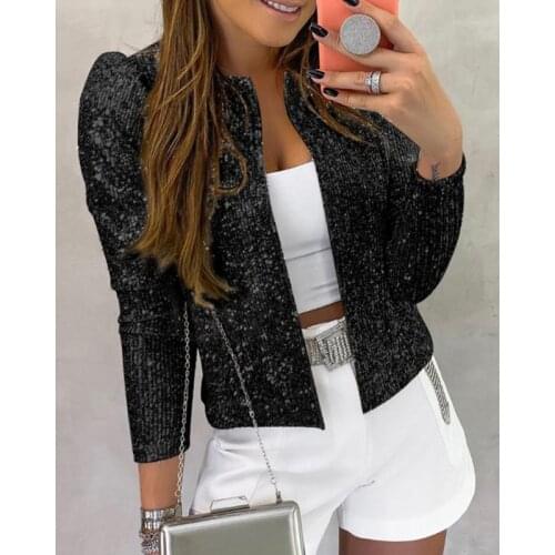 Black Long Sleeve Open Front Sequin Coat Slim Fit Sequined Open Stitch Coats Jacket