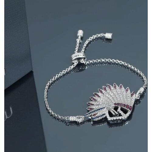 Indian Design Tribe Bracelet Beautiful Cubic Zirconium Silver Colorful Feather Head Pendant Ethnic Women Bracelet