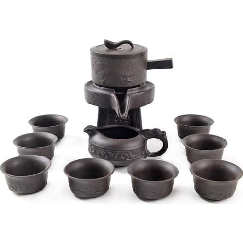 Chinese Zisha Gongfu Tea Gift Set Service Automatic Handmade Stone-Mill Design Purple Sand Tea Pot 8 Cups Home Office Decor
