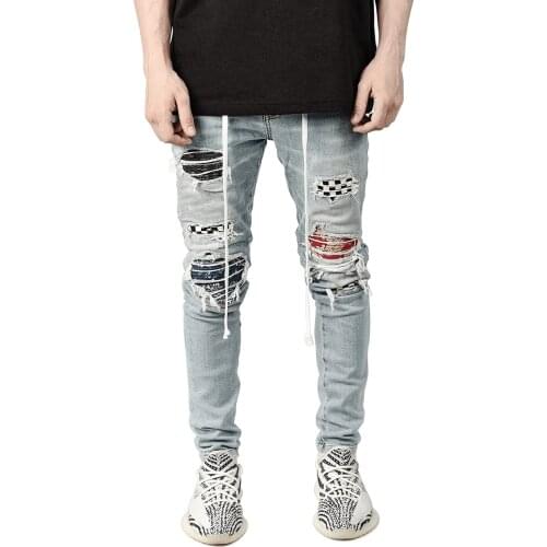 Hot New Skinny Jeans Men Streetwear Destroyed Ripped Jeans Homme Hip Hop Male Pencil Pants Embroidery Patch Fashion Denim Pants