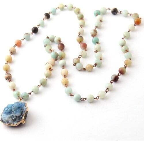 Fashion Bohemian Tribal Jewelry Rosary Chain Amazonite Stones Natural Shells Druzy Punk Necklace