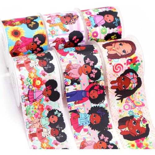 Cartoon Grosgrain/Satin Black Girl Planar Resins Ribbon Cartoons Printed Ribbon For Crafts Decoration Bow 10Yards 50799