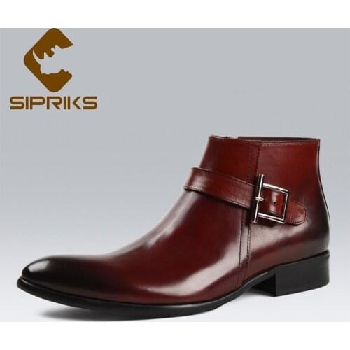 Sipriks Mens Genuine Leather Red Brown Zipper Boots Fashion Pointed Toe Ankle Boots With Buckle Dress Shoes European Black Boots