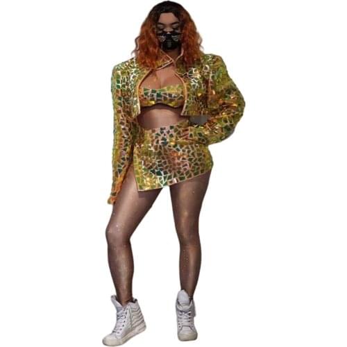 New Flashing Green Sequin Outfit Birthday Celebrate Prom Wear Women Dancer DS Show Novelty Outfit Set