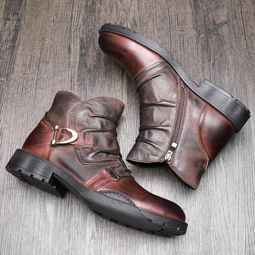 MUST BUY!! Trendy Buckle Belt Boots Men Full Grain Leather Casual Boots Handsome Man Fold Chelsea Boots Luxery
