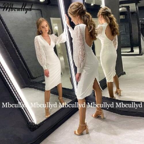 Simple White Evening Dresses 2021 V Neck Lace Long Sleeve Prom Dress Tea Length Special Occasion Gowns Plus Size