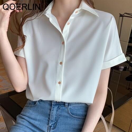 QOERLIN Formal OL Style Womens Shirts for Summer Plus Size Chic Elegant Buttons White Tops Shirts S--2XL Short Sleeve Blouse