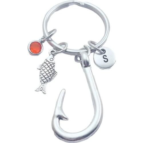 Fishhook Fish Anima Fishing Keychains Creative Initial Letter Monogram Birthstone Keyrings Fashion Jewelry Women Gifts Pendants