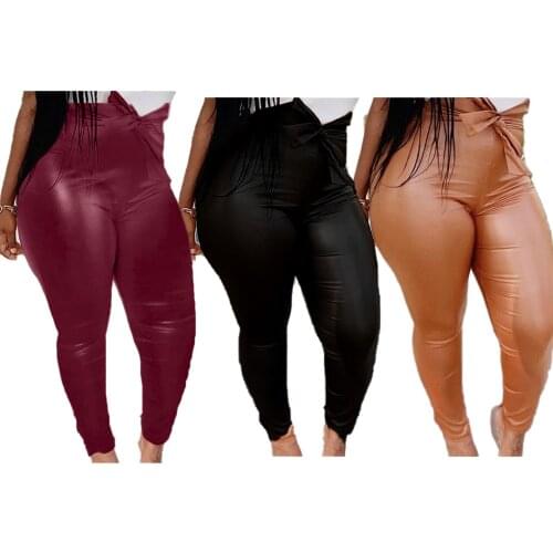 Plus Size S-4XL Solid Women Skinny PU Pants2021 Fashion Clubwear Bowknot Pencil High Elastic Biker Leather Trousers