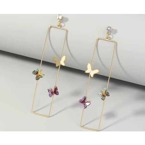LovMi Charm Golden Colorful Butterfly Hoop Earrings for Women 2021 Trend Long Square Eardrop Dangle Earring Jewellery For Party
