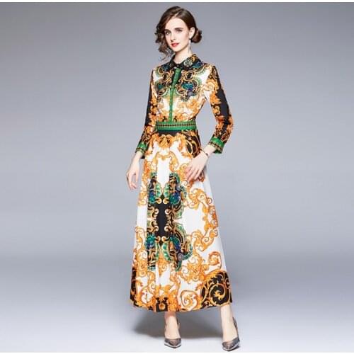 Women Vintage Flower Print 2021 Fall Single-Breasted Work Casual Slim Runway Turn Down Collar Full Sleeve Long Shirt Dresses Fem