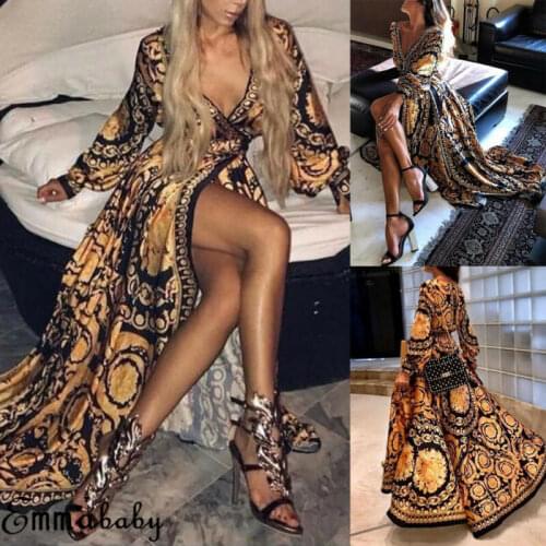 Women Floral Print Split Vintage Long Sleeve Boho Yellow Long Maxi Dress Evening Party Beach Dresses Summer Sundress