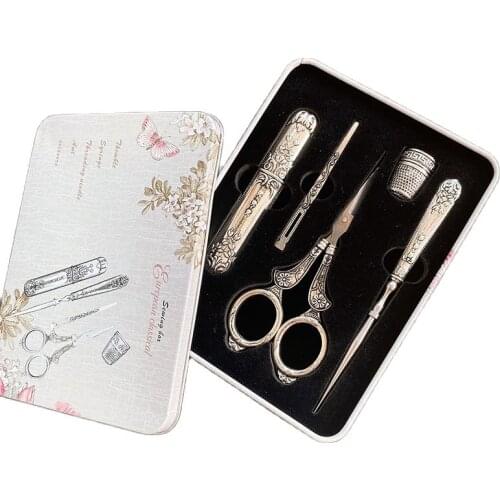 5Pcs/ Set Vintage Silver Embroidery Sewing Scissors Gift Thimble Needle Case Awl Tailors Scissors with Storage box