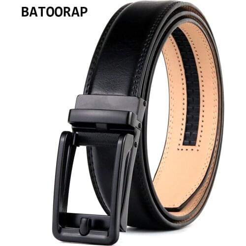 BATOORAP Black Waist Strap Male Fashion Genuine Leather Belt For Men Metal Automatic Buckle 35MM Width Casual Ratchet Belts