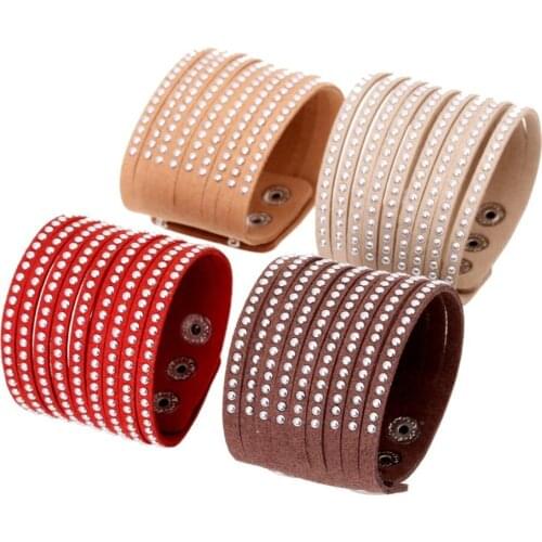 Dankaishi Simple Style Fashion Women Bangle Bracelet Leather Paved with Rhinestone and Crystal Wrap Wristband Charm Bracelet Gif