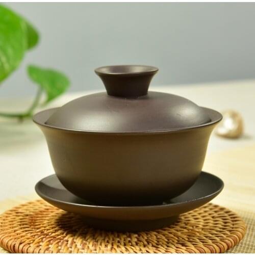 Purple Grit Gaiwan Chinese yixing raw ore zisha hand made teacup ceramic tea tureen Purple mud tea cup and saucer set