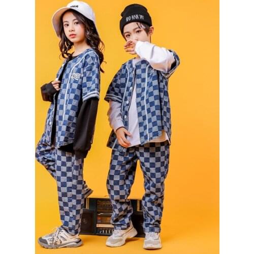 Boys Street Dance Checkered Shirt Casual Pants Girls Hip Hop Short Sleeve 2 Pcs Set Kids Jazz Outfits Costume Clothes Streetwear