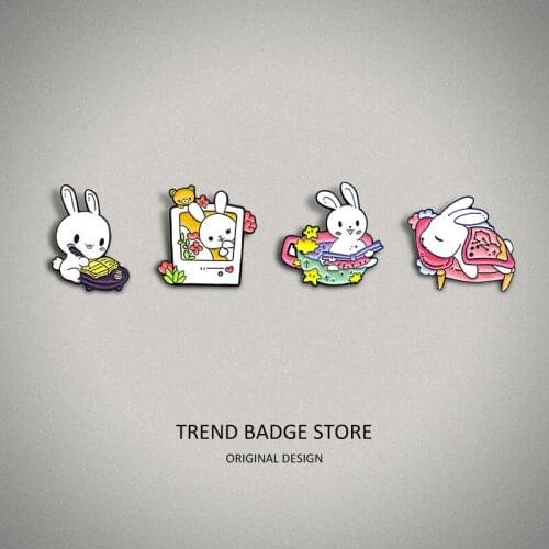 Cartoon Cute Rabbit Wechat Dialog Box Write a Diary Read a Book Fall Asleep Happy Life Fashion Brooch Enamel Label Pins Shirt Ba