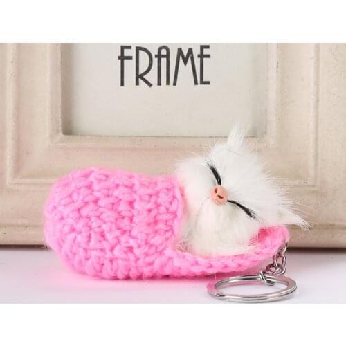 Cute Sleeping Cat Pompom Keychains Women Girls Handmade Woven Slipper Faux Fur Kitten key Rings Fluffy Bag Car Pendants