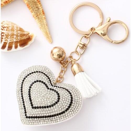 Fashion Jewelry Cute Women Key Chain key Cover Rhinestone Inlaid Leather tassel peach heart Key Cap Gift White wholesale