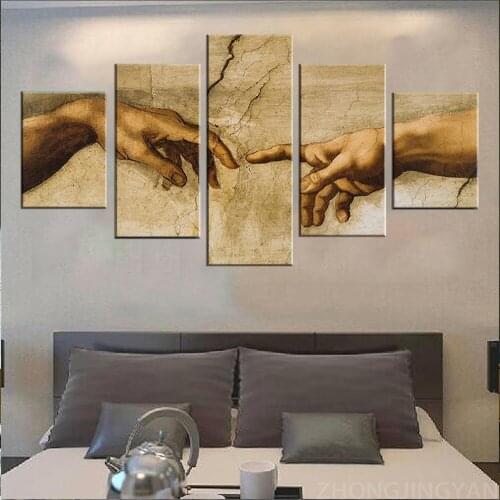 Wall Art Creation Poster Hand Of God Adam Michelangelo Modular Canvas Pictures 5 Panel Home Decor Prints Painting Living Room