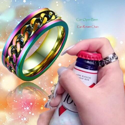 Stainless Steel Men Women Trend Open Beer Bottle Rotatable Chain Ring Modern Stylish Titanium Couple Finger Jewelry Dropshipping