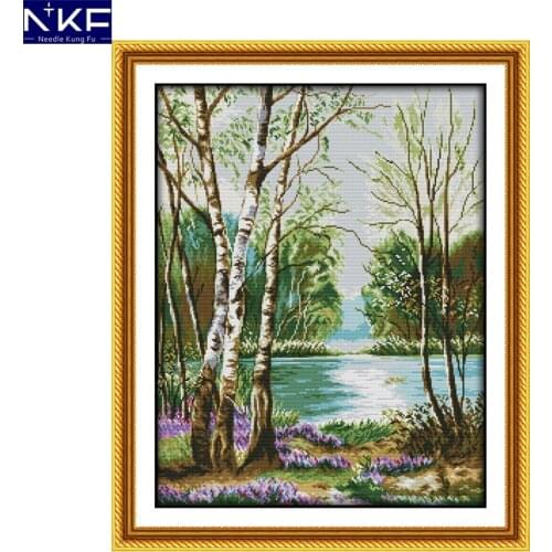 NKF Beautiful View of Lake Pattern Counted Cross Stitch Set Needlework Embroidery Kit Scenery Design Cross Stitching Home Decor